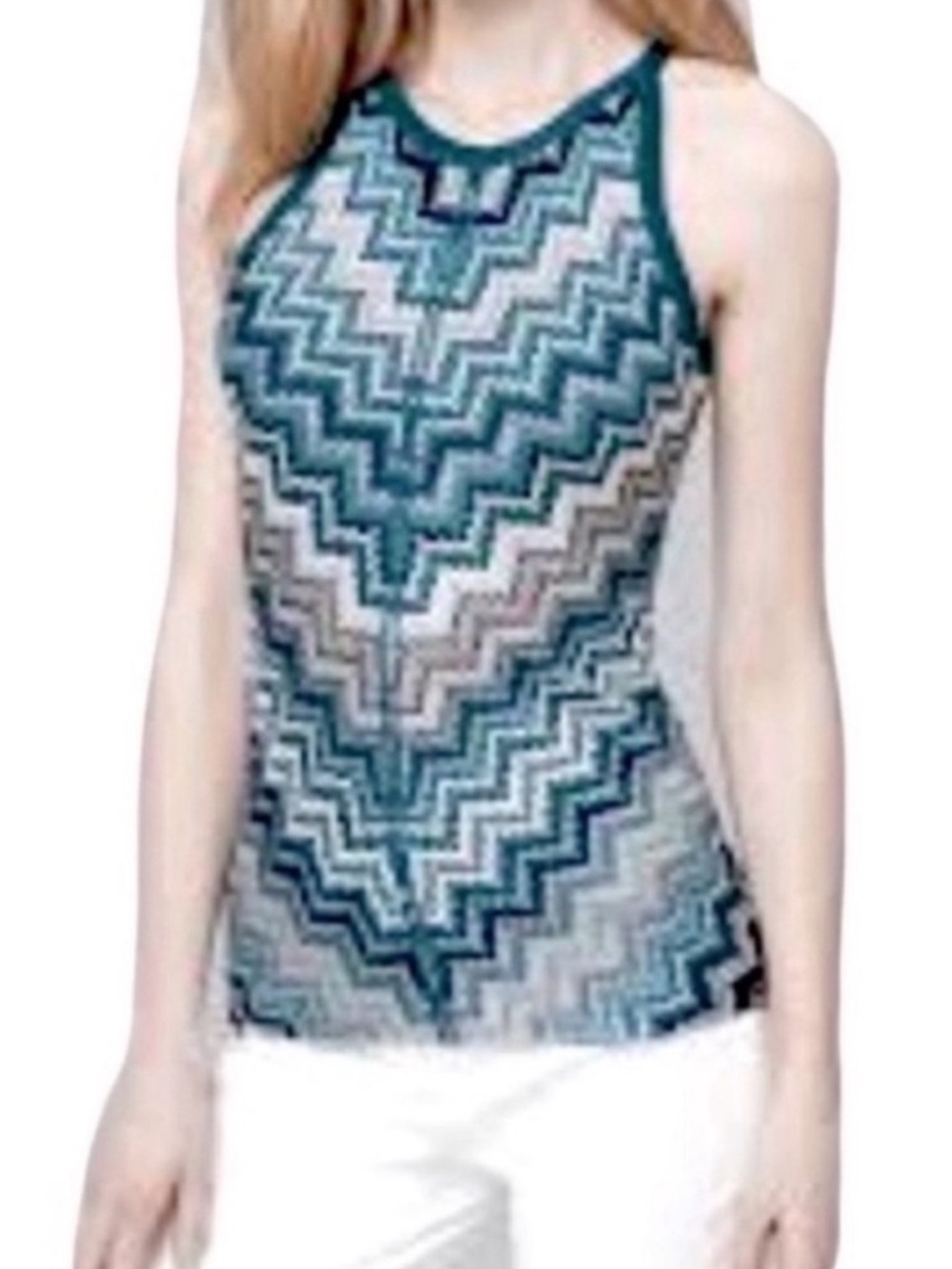 WHBM Knit Tank Top Chevron Print Teal Blue Green Multi Size XS